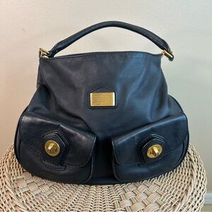 Marc Jacobs Black Leather Shoulder Bag with Gold Accents